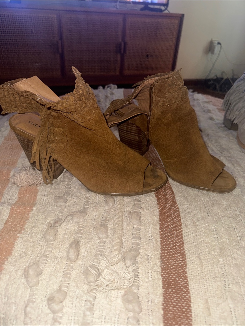 Lucky Brand Tan Suede Fringe Open-Toe Block Heel Booties